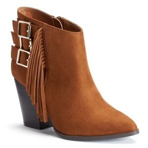 Jennifer Lopez Wrennn Faux Suede Ankle Bootie in Cognac Brown w/ Fringe Size 7.5